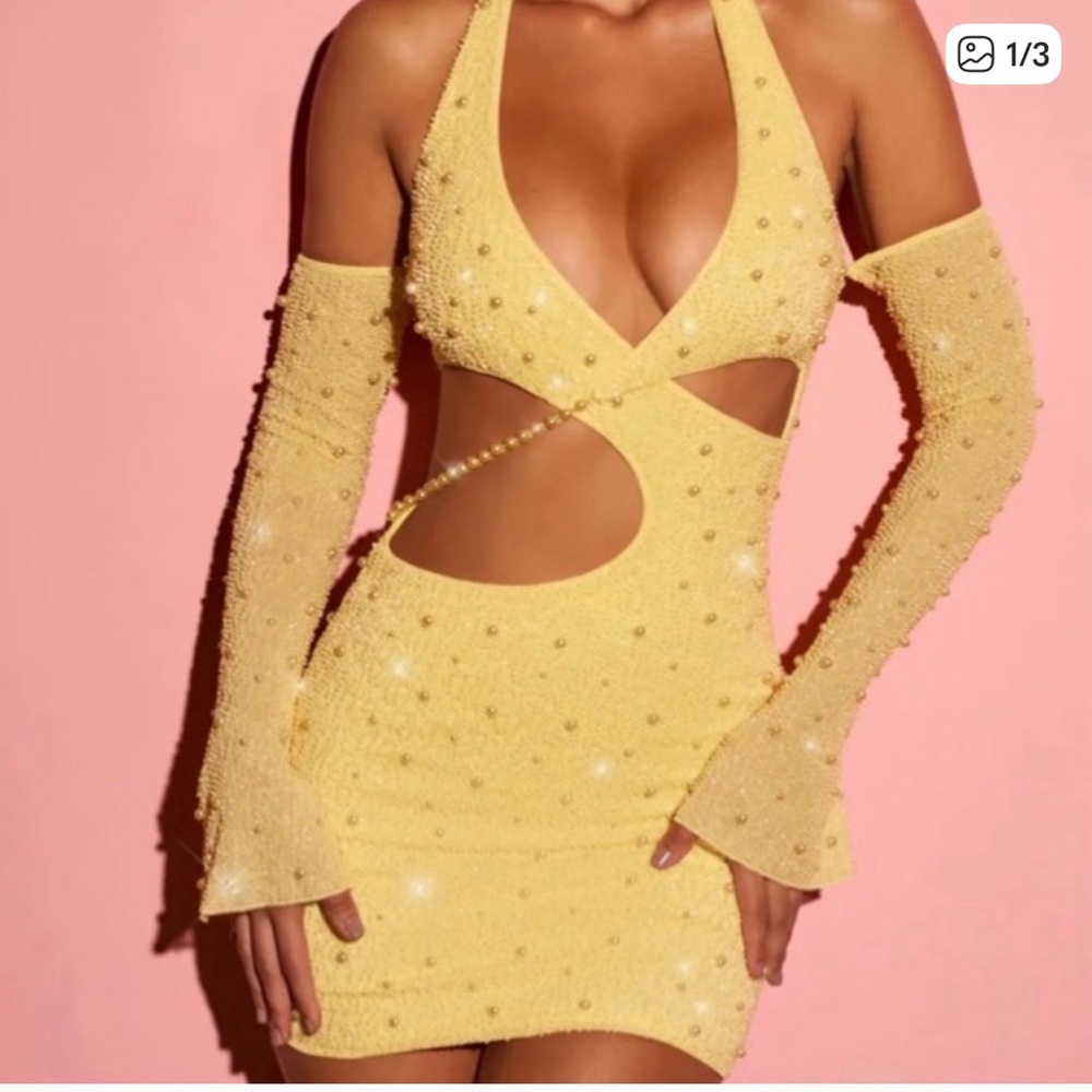 Oh Polly Yellow Beaded Mini Dress